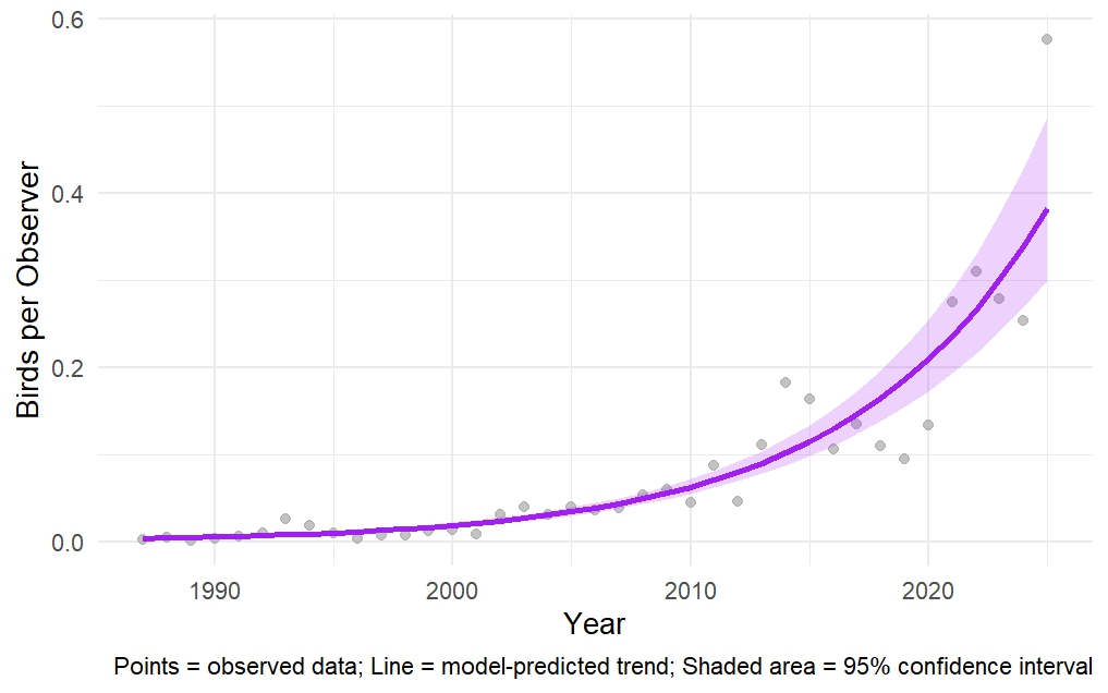 Graph showing Carolina Wren winter population trend in New Hampshire from 1987 to 2025, with model prediction and 95% confidence interval.